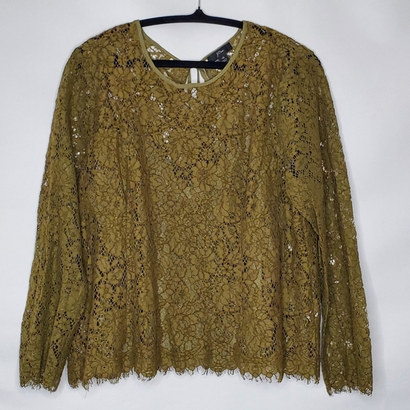 J. Crew Lace Top with Cami Size 18 Fringe Trim Long Sleeve Green Blouse Moody - Picture 1 of 15